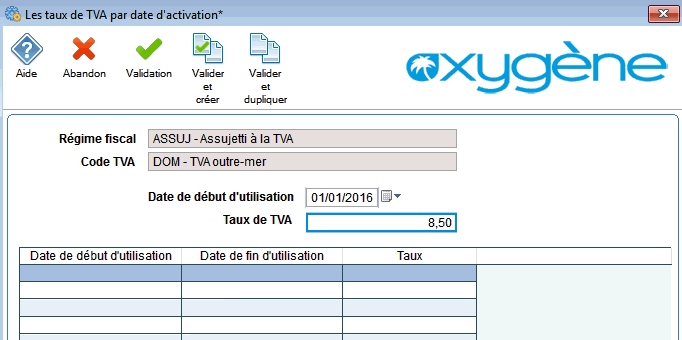 Tableau de saisie des taux