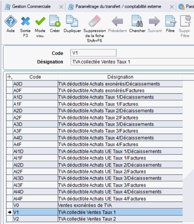 Saisie des codes TVA