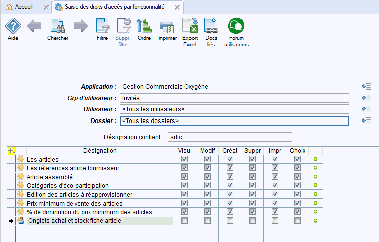 Tableau de bord des droits avec filtre sur la désignation