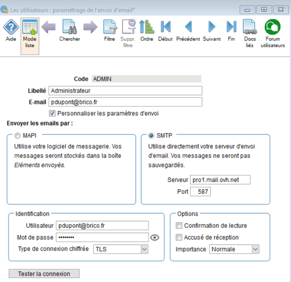 Paramétrage envoi mail